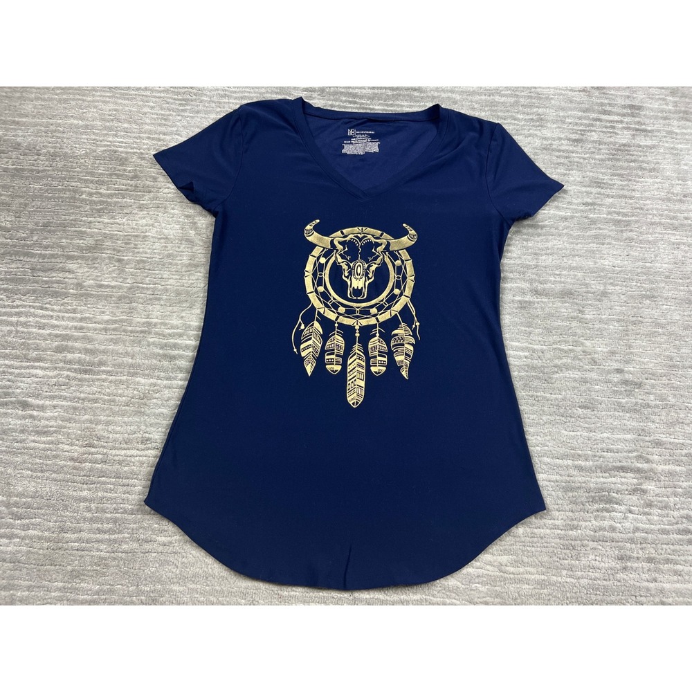 No Boundaries T-Shirt Women Small Navy Blue Foil Dreamcatcher Steer Skull V-Neck